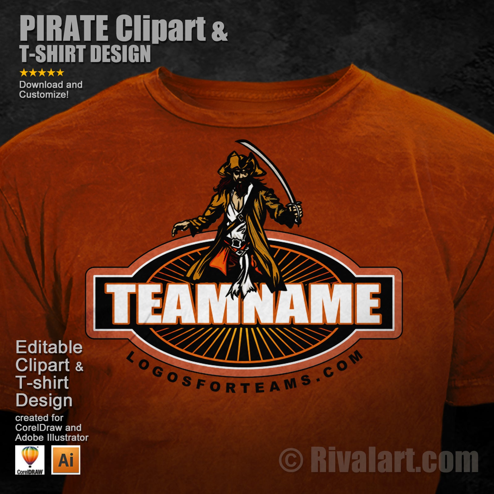 Pirate Clipart & Pirate T-shirt Design LFT Chr 05 | Instantly Downloadable  and Editable